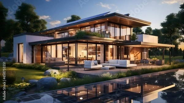 Fototapeta Luxurious Villa with Pool in a Resort City. Luxurious villa with swimming pool in a residential district surrounded by trees.