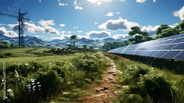 Fototapeta Renewable Energy Technology Harnessing Solar Power in Green Landscape. Renewable energy solution harnessing the power of the sun.