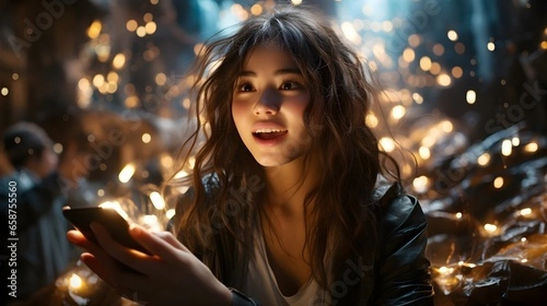 Fototapeta Cheerful Woman Smiling with Illuminated Smartphone in Evening. A cheerful adult woman smiling while holding a smartphone at night.