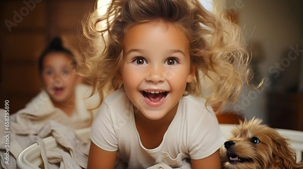 Fototapeta Cheerful Friends: Toddler and Woman Smiling with Bonding Pets. Smiling woman and cheerful toddler cuddling their lap dog