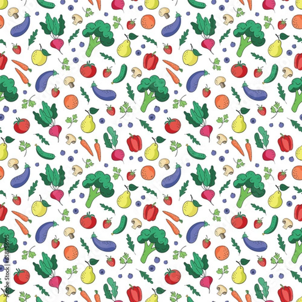 Fototapeta Seamless vector pattern with vegetables, fruits and berries. Vegan ornament for fabric and packaging