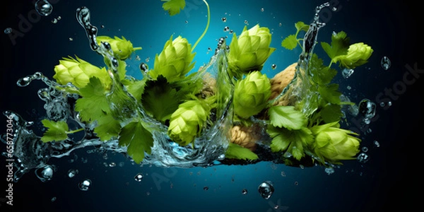 Obraz Splash on hops in a blue background craft beer concept
