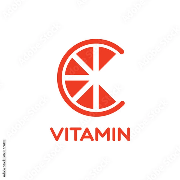 Obraz Orange fruit graphic vector illustration like letter C with two green leaves on top representing vitamin C, for company logo or symbol