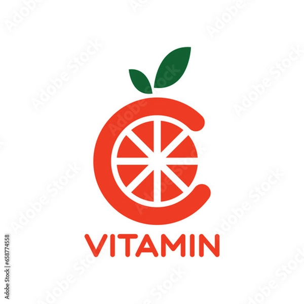 Fototapeta Orange fruit graphic vector illustration like letter C with two green leaves on top representing vitamin C, for company logo or symbol
