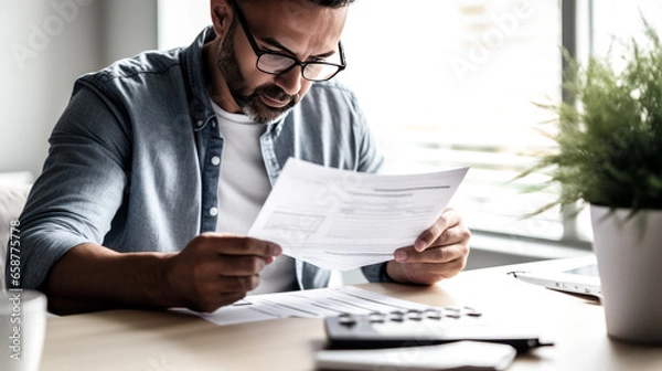 Fototapeta A man is seen paying medical bills after facing health issues, with a concerned expression on his face.