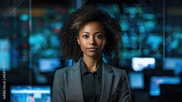 Fototapeta Portrait of a woman cycbersecurity analyst at a cybersecurity conference sharing insights on emerging threats