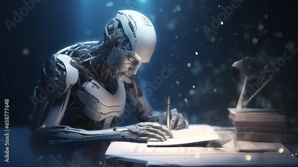 Obraz artificial robot writomg down some notes with pen in the room