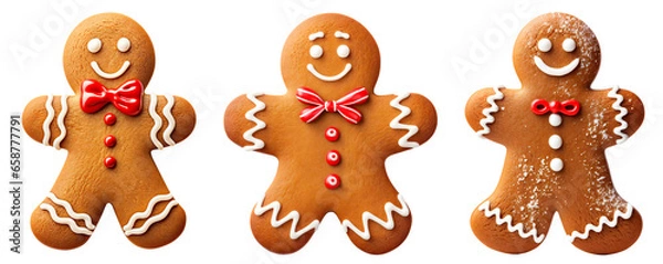 Fototapeta Set of gingerbread Christmas men. Christmas cookies in the shape of a person. Isolated on a transparent background.
