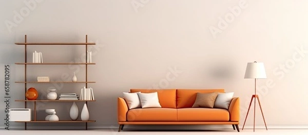 Fototapeta Decorated living space with seating lighting and storage With copyspace for text