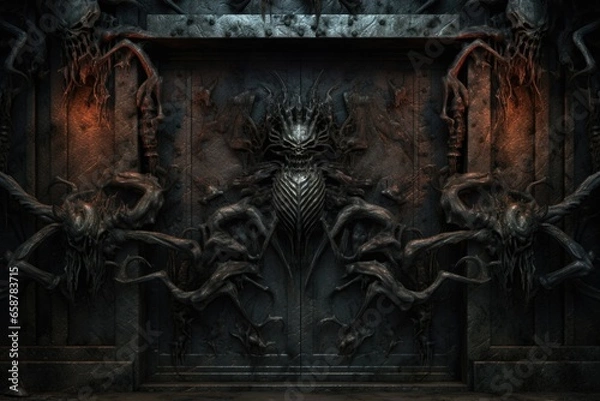 Fototapeta A picture of a dark room with a large metal door. This image can be used to represent mystery, secrecy, or confinement. It can be used in various projects such as crime or thriller themes, escape room