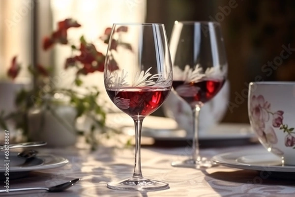 Fototapeta Elegant table setting with candles and flowers in restaurant. Selective focus. Romantic dinner setting with candles and flowers on table in restaurant.