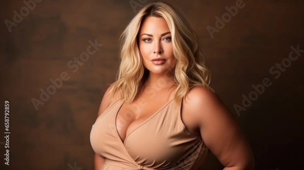 Fototapeta Excited luxury plus size woman in front of a studio background