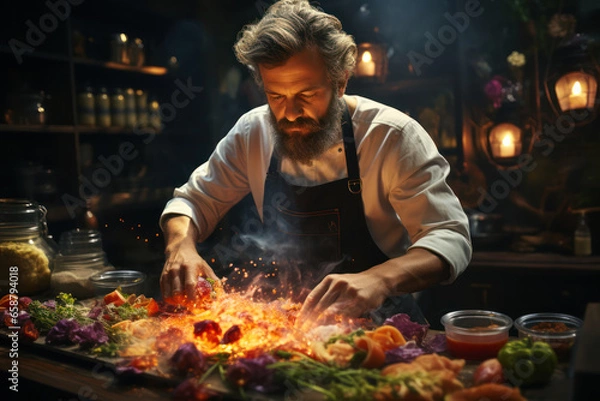 Fototapeta A chef in a kitchen experimenting with ingredients, showcasing culinary knowledge and creativity. Concept of gastronomic artistry. Generative Ai.