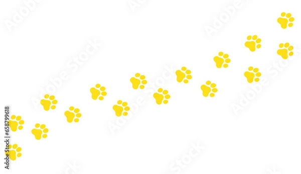 Fototapeta Isolated trail of yellow footprints (comics silhuoette shapes), a cat walking on a path, going from left to right.
