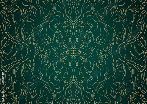 Fototapeta Hand-drawn unique abstract gold ornament on a dark green cold background, with vignette of darker background color. Paper texture. Digital artwork, A4. (pattern: p11-1a)