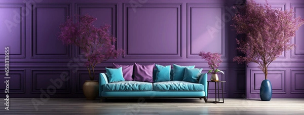 Obraz Living room home interior background. Empty Violet wall mock up