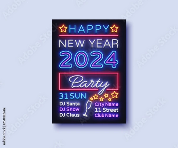 Fototapeta Colorful new year neon 2024 in retro style on light background. Vector illustration
