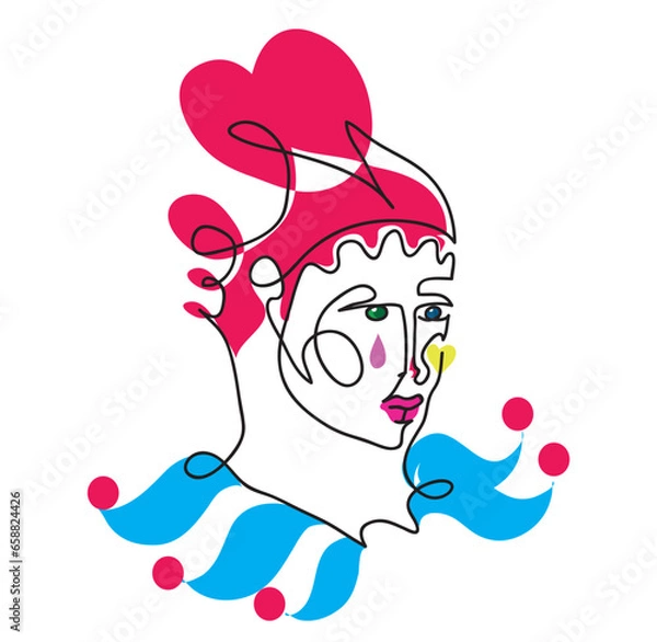Fototapeta One line drawing of serious female clown
One continuous line drawing of sad clown.