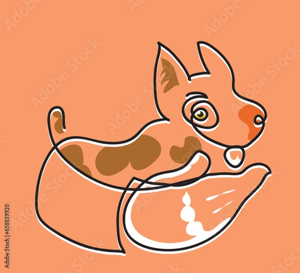 Fototapeta One line drawing of tiny puppy dog in hand.
One continuous line drawing of baby dog.
