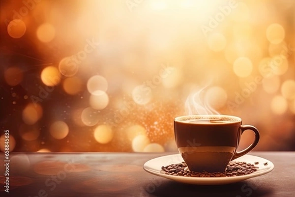 Fototapeta cup of coffee on the table with bokeh background