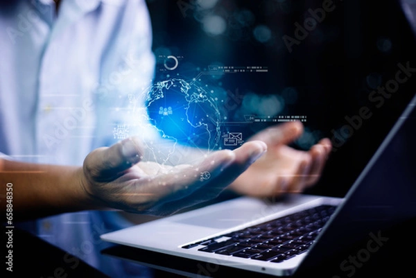 Fototapeta Businessman with global connection concept..Businessman Hand holding  touching global network and data exchanges over the world. Business global internet connection technology and digital marketing..