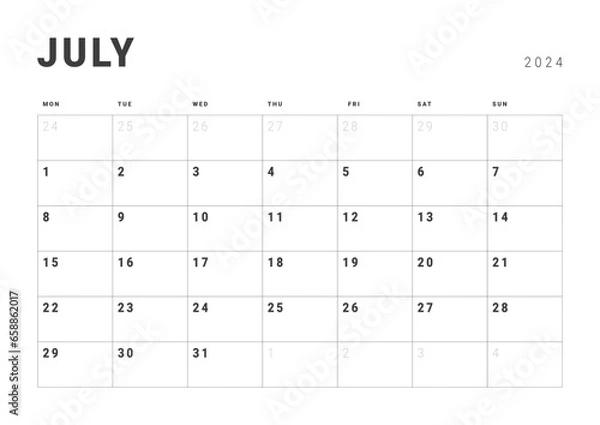 Fototapeta Monthly page Calendar Planner Templates of July 2024. Vector layout of simple calendar with week start Monday for print. Page for size A4 or 21x29.7 cm