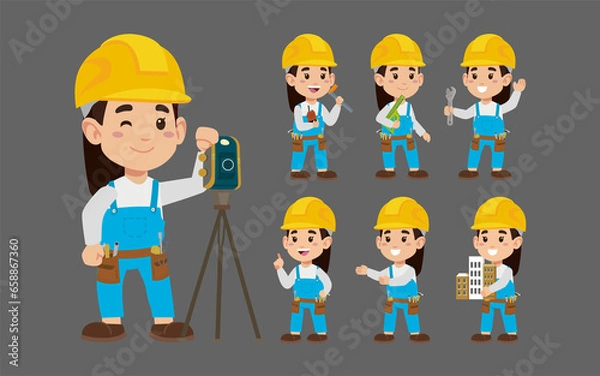 Fototapeta Set of worker with different poses