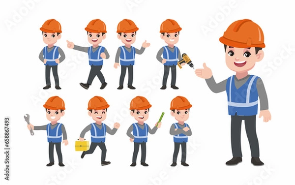 Fototapeta Set of worker with different poses