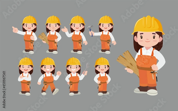 Fototapeta Set of worker with different poses