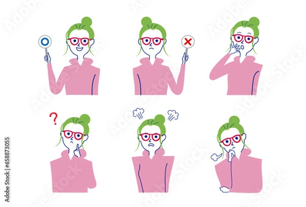 Fototapeta ポニーテールのメガネ女性バストアップポーズセット-2