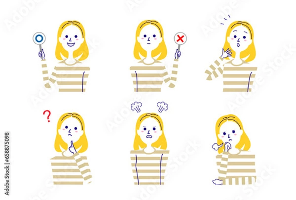 Fototapeta ボーダーシャツの女性バストアップポーズセット-2