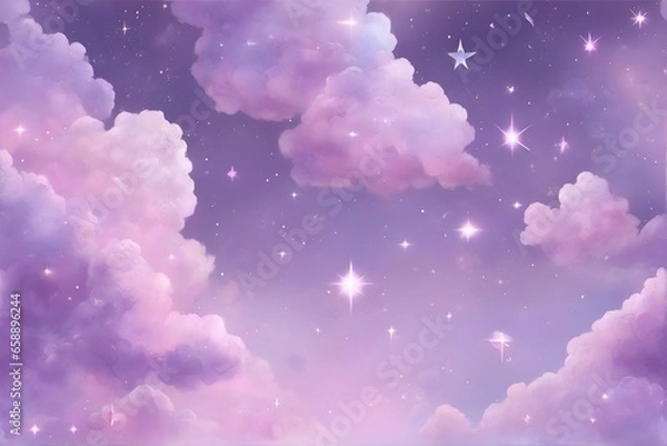 Fototapeta Fantasy sky with sugar cotton purple clouds and stars dreamy background 