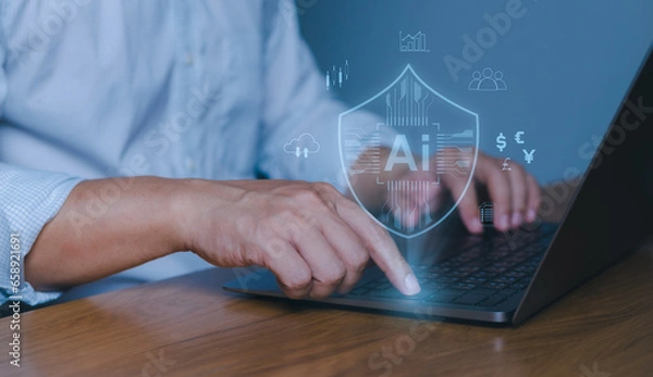 Fototapeta Businessman working on laptop business data protection with AI, Biometric security identification, Cybersecurity technology prevents unauthorized access to business significant data, Data transfer
