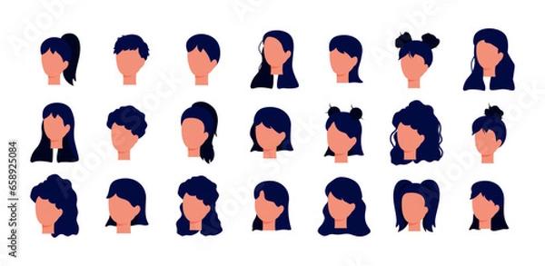Fototapeta Set of faces in profile with different color hairstyles. Ponytails, buns, curls, long hair. Vector stock illustration. Isolated. White background. Flat style. Characters