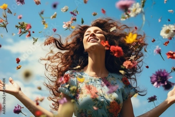 Fototapeta Happy young woman with flying flowers in her hair over blue sky background. Created with Generative AI tools