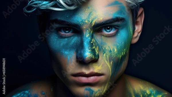 Fototapeta Portrait of a young man with creative make-up. Studio shot.