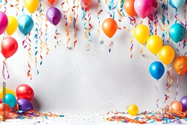 Fototapeta party birthday celebration concept,giftbox,balloon,confetti and streamers background copy space for text