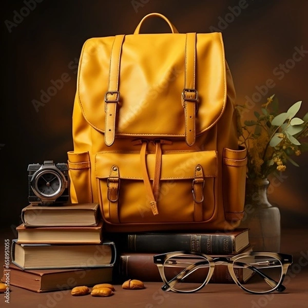 Obraz Backpack, books and glasses on yellow background