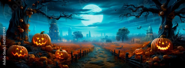 Fototapeta Pumpkins In Graveyard In The Spooky Night - Halloween Backdrop