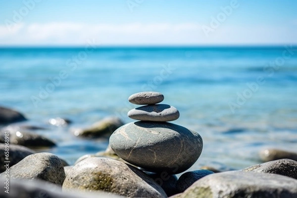 Fototapeta stacks of zen stone pebbles with ocean background 