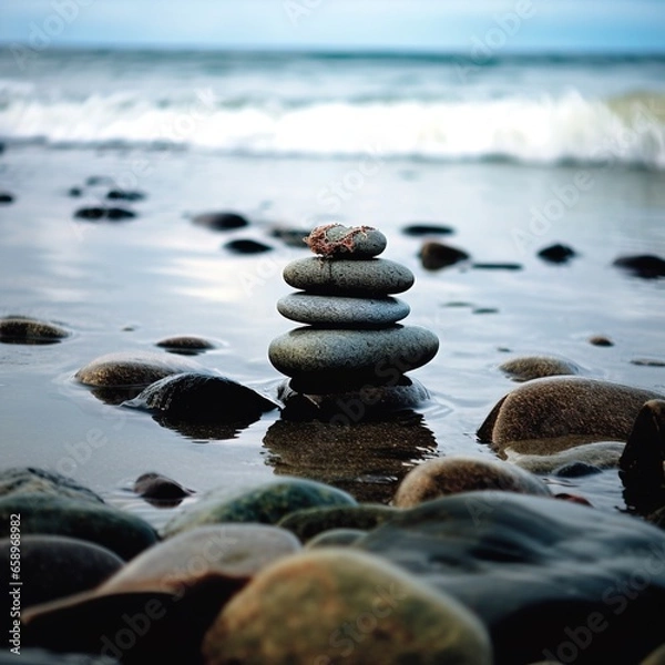 Fototapeta stacks of zen stone pebbles with ocean background 