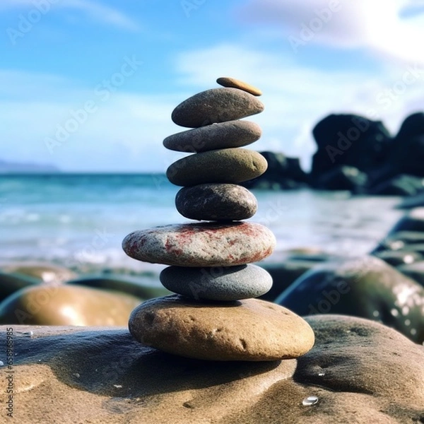 Fototapeta stacks of zen stone pebbles with ocean background 