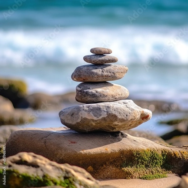Fototapeta stacks of zen stone pebbles with ocean background 