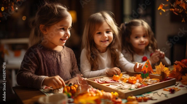 Fototapeta Happy children playing with autumn decoration at home. They are sitting at wooden table and smiling