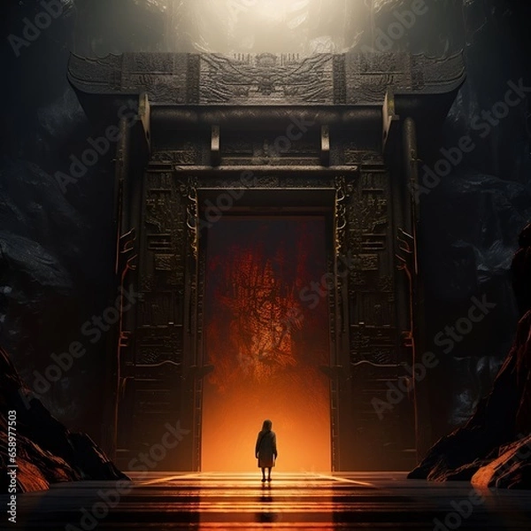 Fototapeta A terrifying hell space, in the middle of which stood a long vertical stone door engraved with ancient Sanskrit fonts in a classical Chinese style. Dark red light shone from the stone door.