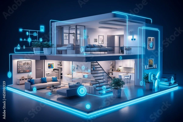 Obraz Smart home. Futuristic modern house with complex technology. IOT, internet of things, concept. Interconnected smart appliances. AI generative illustration.