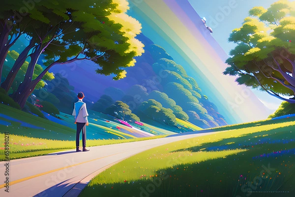 Fototapeta rainbow in summer mountain acrylic painting trending on pixiv fanbox palette knife and brush stro. Generative AI