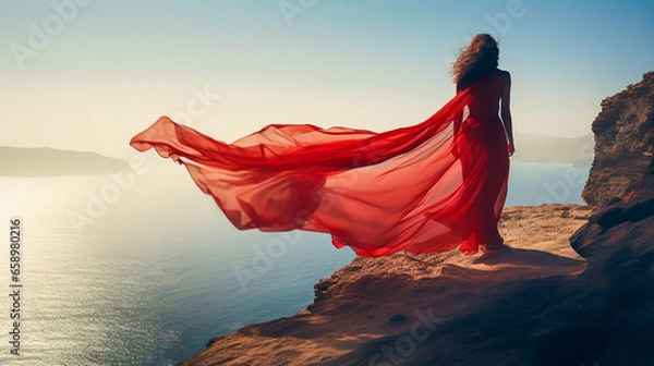 Obraz Woman in red dress standing on a cliff by the sea. Sense of freedom. The wind blows in the long veil. Creativity portrait photography. Travel and fashion concept. AI generative.