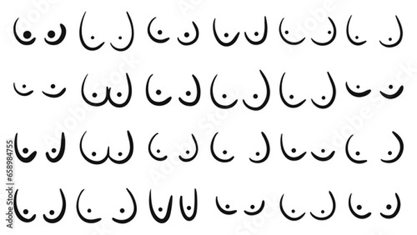 Obraz Sexy, erotical print wiht Female breast of different Types, Sizes and Forms on a white background. Female Breast Vector pattern in graphic style (hand-drawn). Creative illustration.