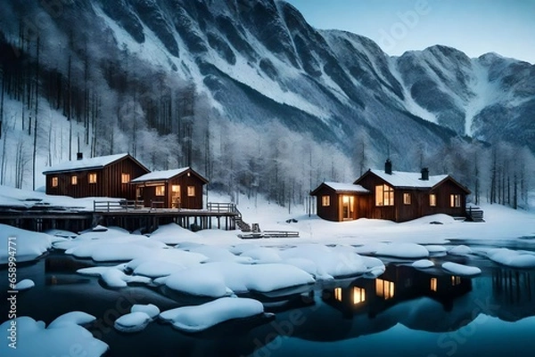 Fototapeta house in the mountains at night